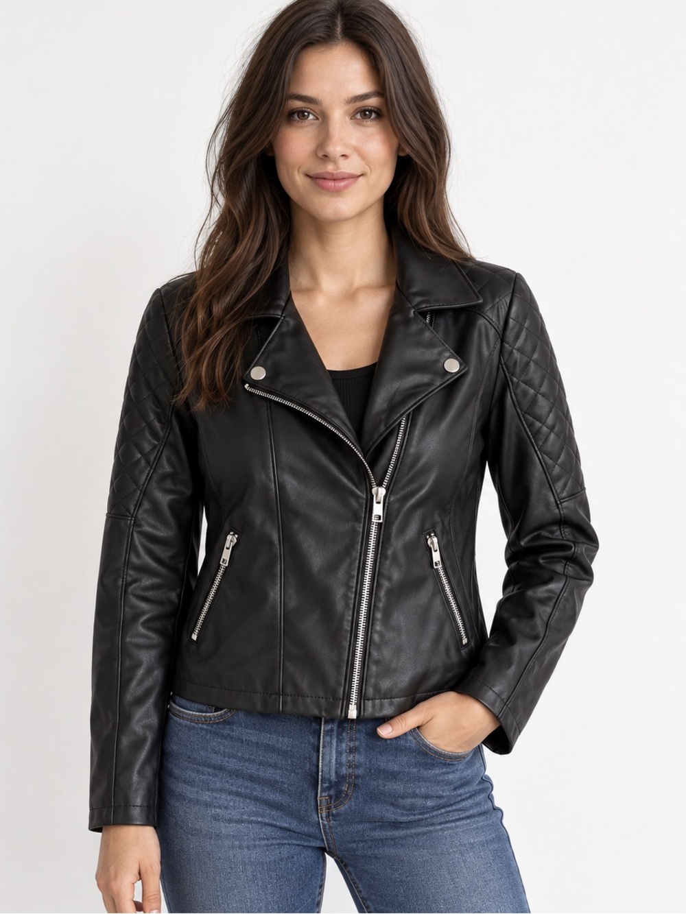 art class Black Quilted-Sleeve Faux Leather Moto Jacket